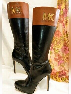 Michael Kors Hayley Two-Tone Leather Boots Black & Luggage Brown Size 6.5